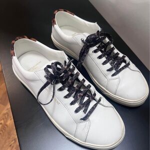 Saint Laurent White Leather Sneakers with Brown Leopard Accent